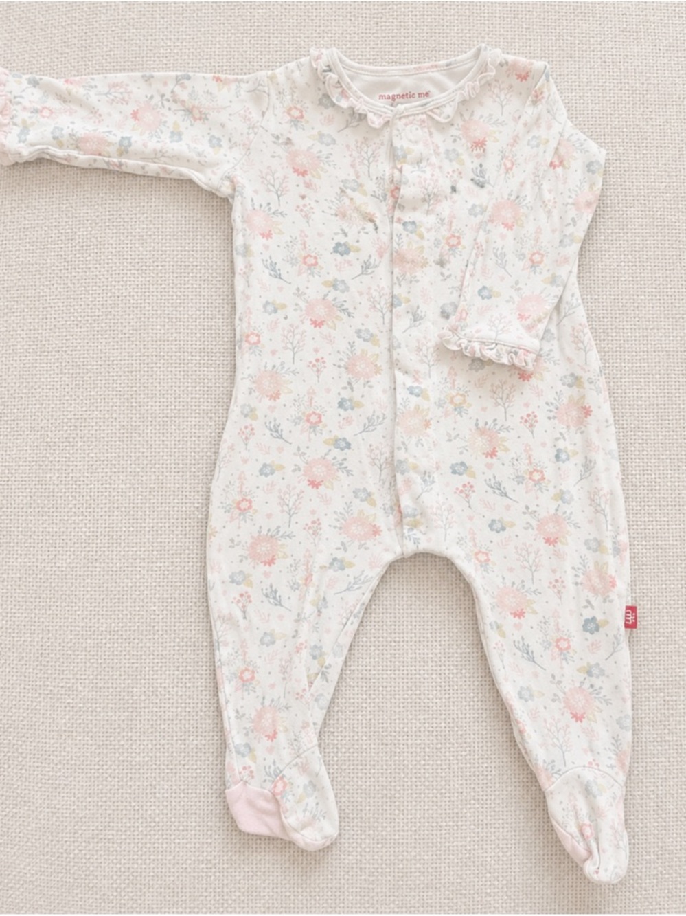 Magnetic Me Cream Floral Footed One-Piece with Pink Accents